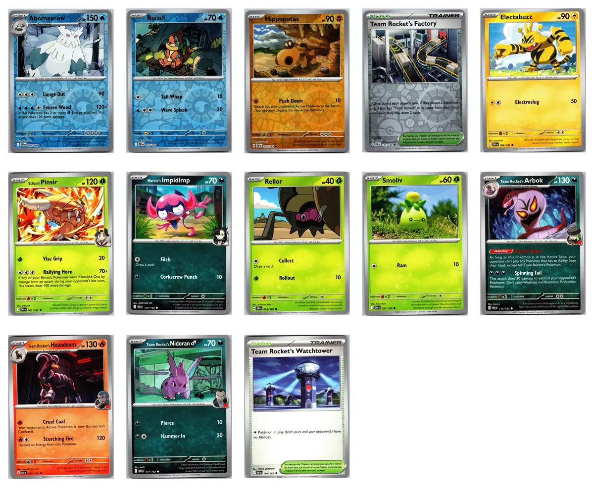 Abomasnow 060/182 (Reverse Holo); Buizel 057/182 (Reverse Holo); Hippopotas 105/182 (Reverse Holo); Team Rocket's Factory 173/182 (Reverse Holo); Electabuzz 068/182; Ethan's Pinsir 001/182; Marnie's Impidimp 134/182; Rellor 024/182; Smoliv 021/182; Team Rocket's Arbok 113/182; Team Rocket's Houndoom 038/182; Team Rocket's Nidoran M 117/182; Team Rocket's Watchtower 180/182 Set Pack — transparent bundle: 4 reverse holo #13 cards 2025 Pokemon Destined Rivals Set Pack (English) — front