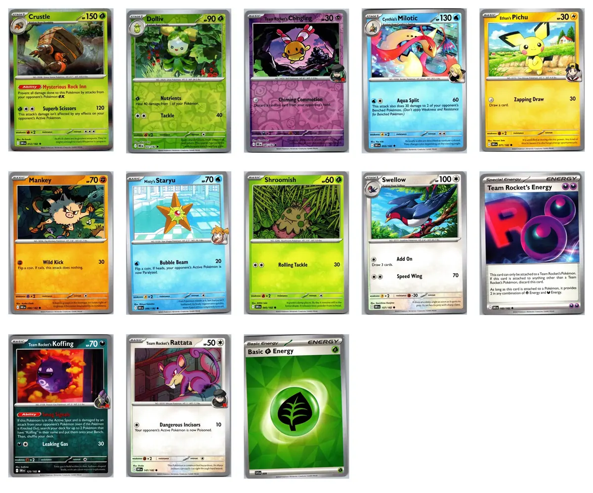 Crustle 012/182 (Holo Rare); Dolliv 022/182 (Reverse Holo); Team Rocket's Chingling 085/182 (Reverse Holo); Cynthia's Milotic 053/182; Ethan's Pichu 071/182; Mankey 090/182; Misty's Staryu 046/182; Shroomish 005/182; Swellow 157/182; Team Rocket's Energy 182/182; Team Rocket's Koffing 125/182; Team Rocket's Rattata 147/182; Basic Grass Energy 009 Set Pack — transparent bundle: 2 reverse holo + holo rare Crustle #13 cards 2025 Pokemon Destined Rivals Set Pack (English) — front