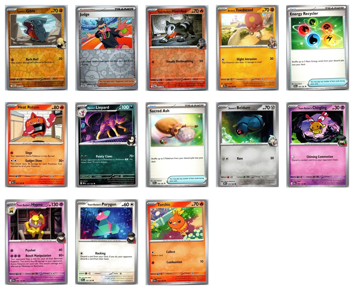 Cynthia's Gible 102/182 (Reverse Holo); Judge 167/182 (Reverse Holo); Team Rocket's Houndour 037/182 (Reverse Holo); Arven's Toedscool 109/182; Energy Recycler 164/182; Heat Rotom 043/182; Marnie's Liepard 131/182; Sacred Ash 168/182; Steven's Beldum 143/182; Team Rocket's Chingling 085/182; Team Rocket's Hypno 080/182; Team Rocket's Porygon 153/182; Torchic 040/182 Set Pack — transparent bundle: 3 reverse holo #13 cards 2025 Pokemon Destined Rivals Set Pack (English) — front