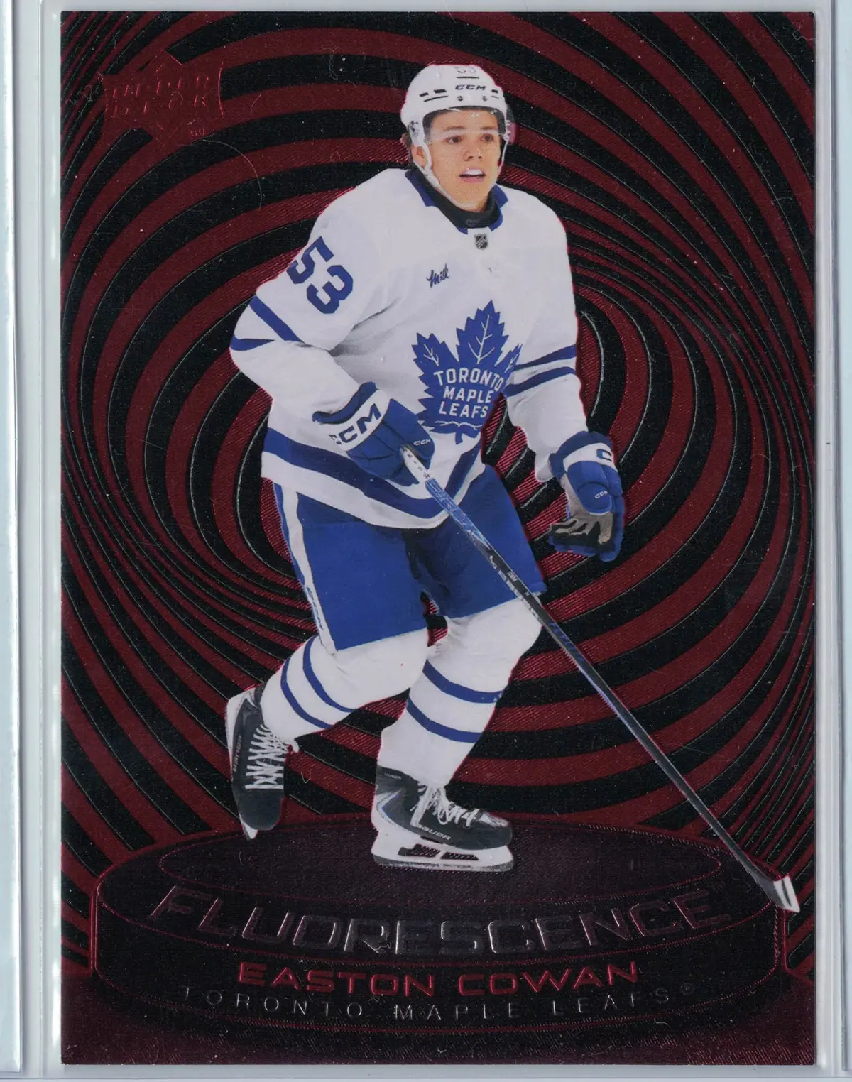 Easton Cowan Fluorescence — Red #F-4 2025-26 Upper Deck Series 2 Hockey Card — front
