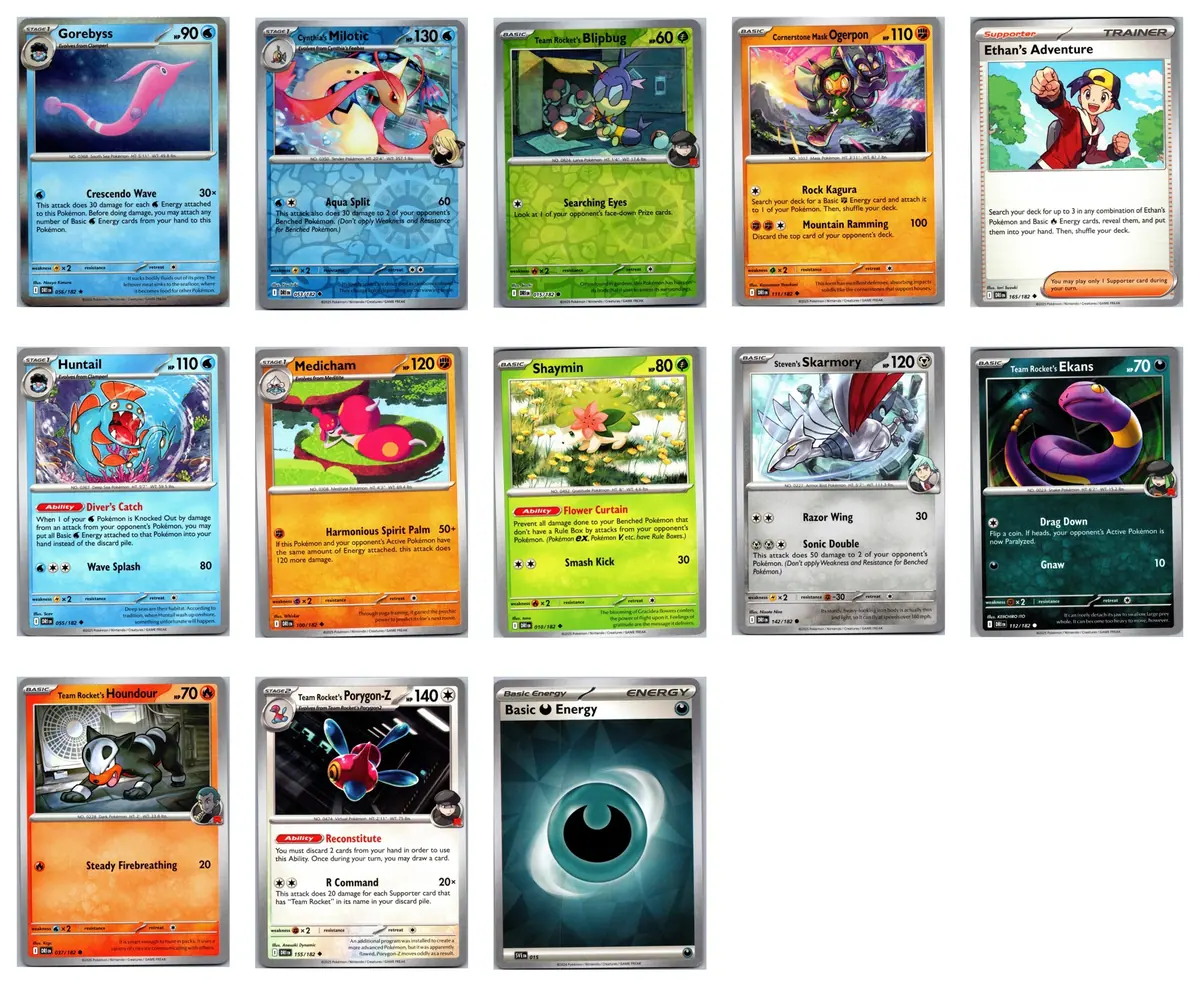 Gorebyss 056/182 (Holo Rare); Cynthia's Milotic 053/182 (Reverse Holo); Team Rocket's Blipbug 015/182 (Reverse Holo); Cornerstone Mask Ogerpon 111/182; Ethan's Adventure 165/182; Huntail 055/182; Medicham 100/182; Shaymin 010/182; Steven's Skarmory 142/182; Team Rocket's Ekans 112/182; Team Rocket's Houndour 037/182; Team Rocket's Porygon-Z 155/182; Basic Darkness Energy 015 Set Pack — transparent bundle: 2 reverse holo + holo rare Gorebyss #13 cards 2025 Pokemon Destined Rivals Set Pack (English) — front