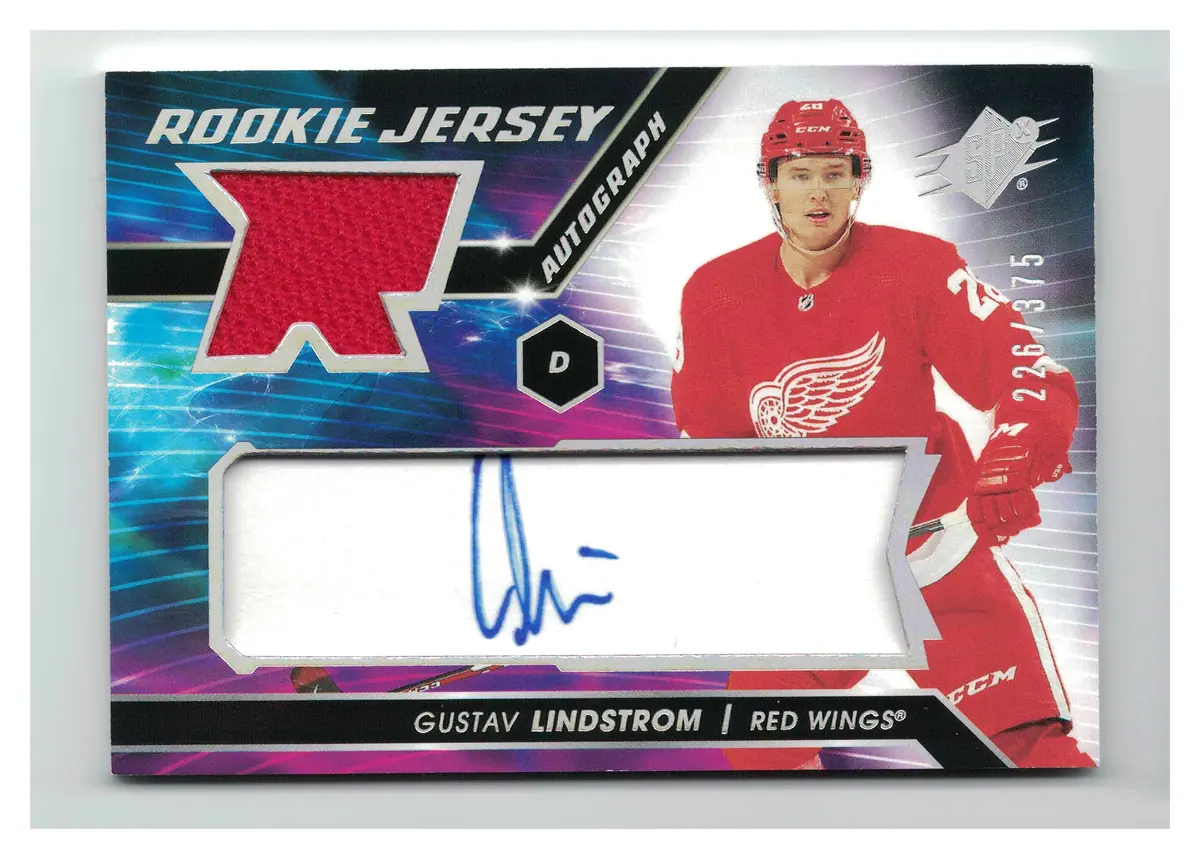 2020-21 SPx Rookie Jersey AUTO 226/375 Gustav Lindstrom Red Wings RC Hockey Card — front