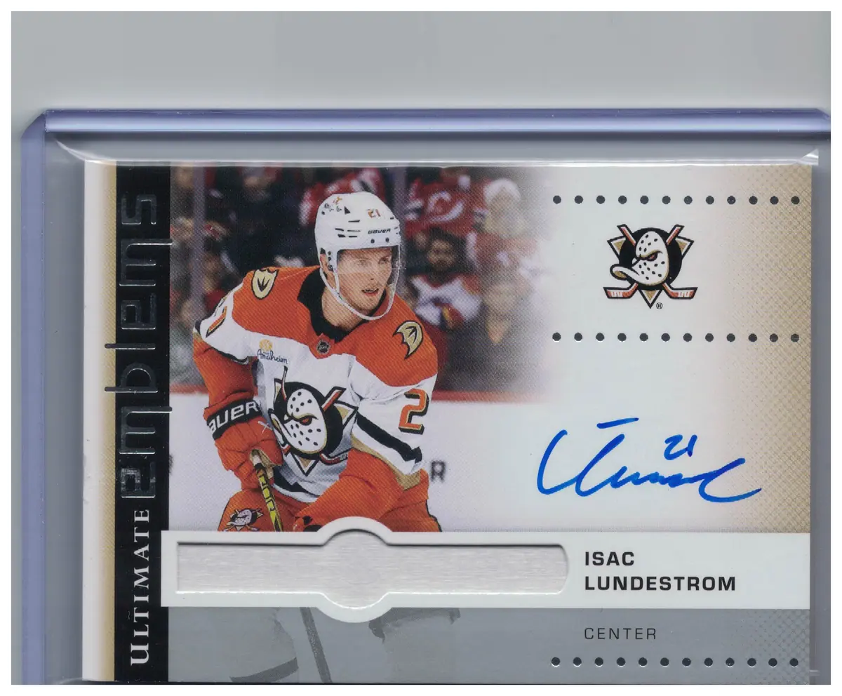 Isac Lundestrom Ultimate Emblems Auto Autograph UE-IL Anaheim Ducks 2024-25 UD — front