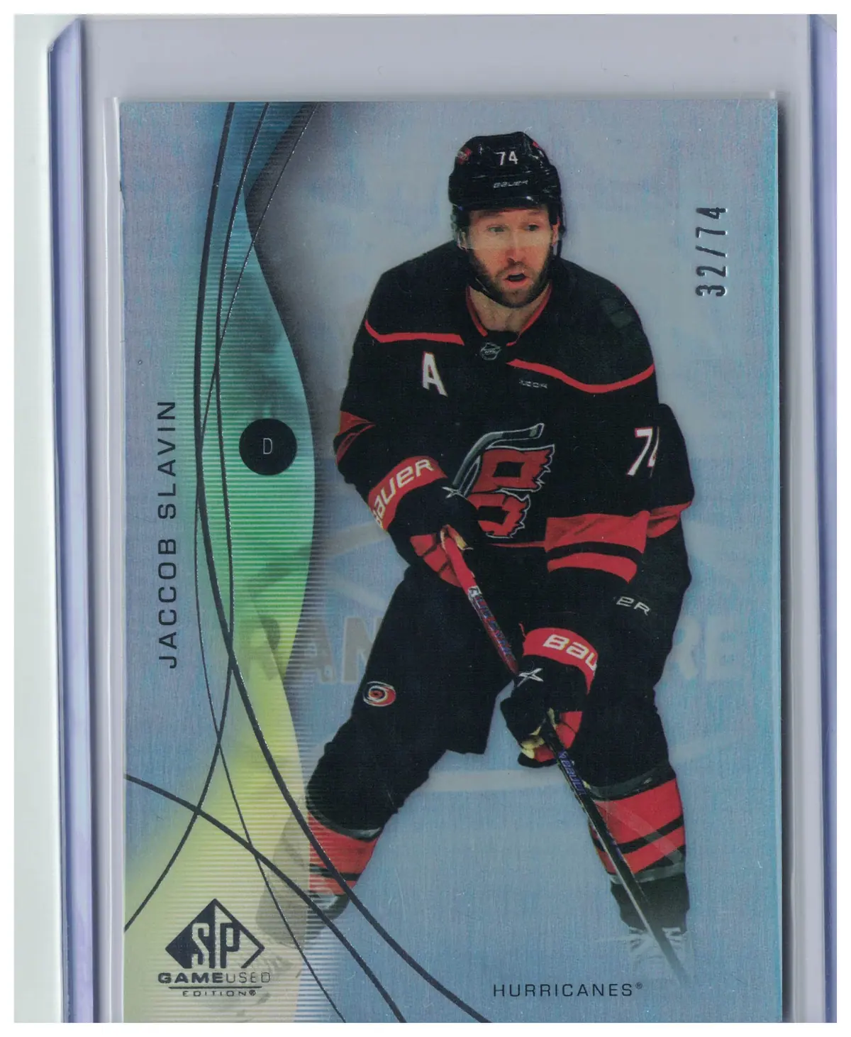 Jaccob Slavin Rainbow Foil 32/74 #5 Hurricanes 2024-25 SP Game Used Hockey Card — front
