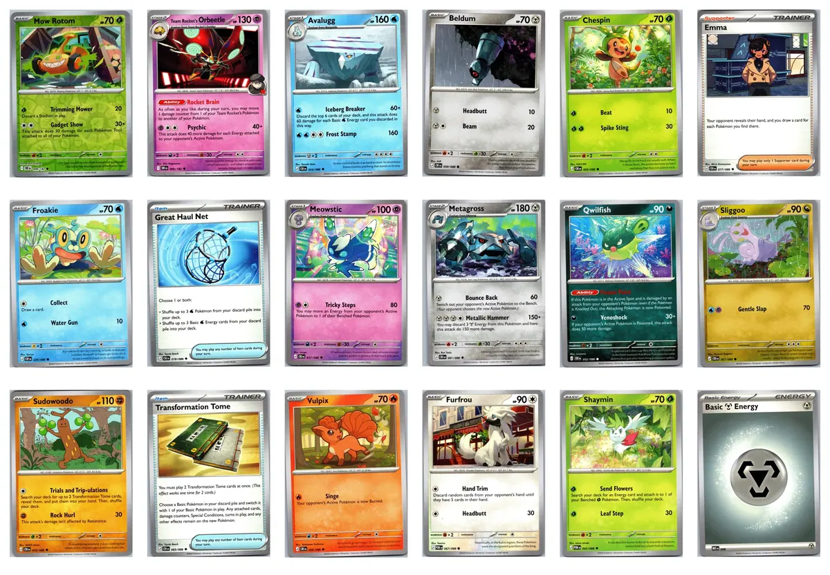 Mow Rotom 009/182 (Reverse Holo); Team Rocket's Orbeetle 089/182 (Reverse Holo); Avalugg 024/086; Beldum 059/086; Chespin 005/086; Emma 077/086; Froakie 020/086; Great Haul Net 078/086; Meowstic 037/086; Metagross 061/086; Qwilfish 052/086; Sliggoo 067/086; Sudowoodo 043/086; Transformation Tome 083/086; Vulpix 008/086; Furfrou 067/088; Shaymin 003/088; Basic Metal Energy 008 Set Pack — transparent bundle: 2 reverse holo #18 cards 2026 Pokemon Chaos Rising Set Pack (English) + Perfect Order + DR reverse holos — front