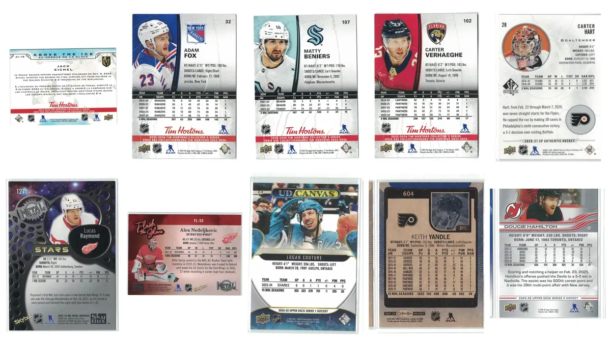 NHL Stars 10-Card Hockey Lot Eichel Fox Beniers Hart Raymond Couture Hamilton — front