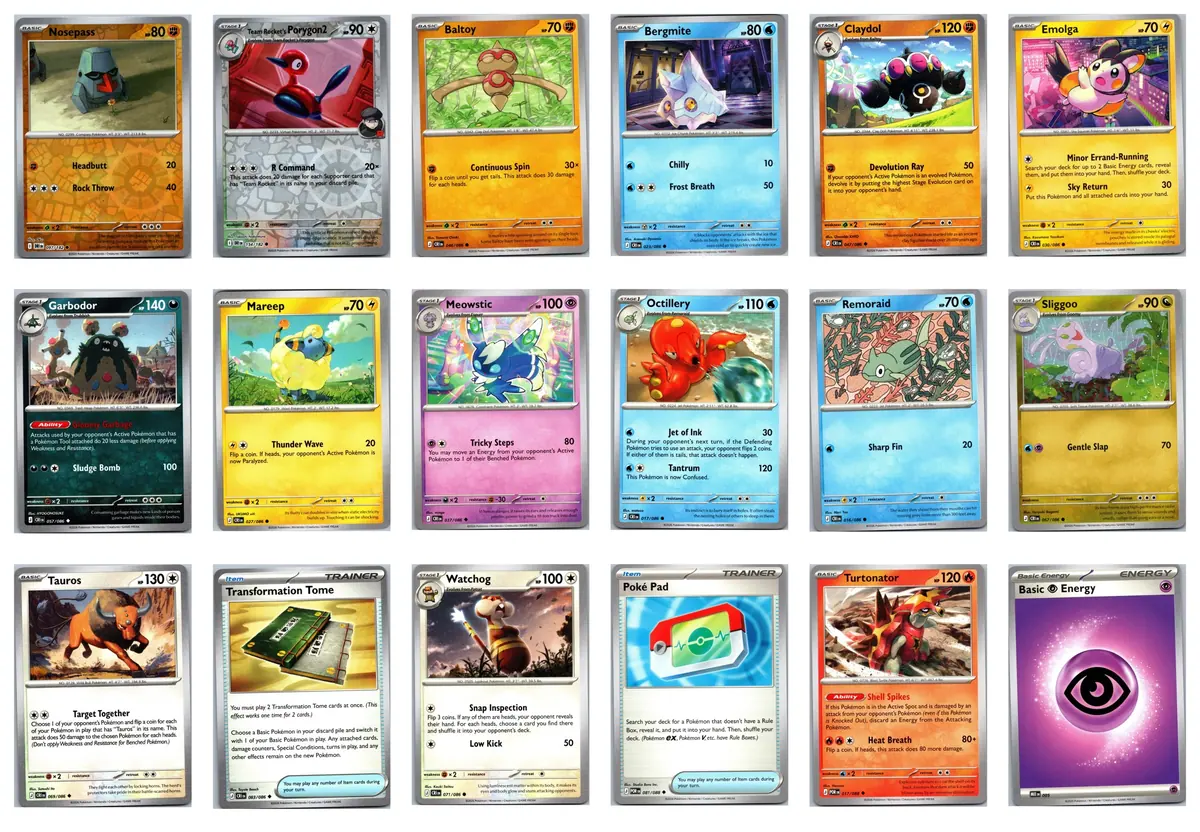 Nosepass 097/182 (Reverse Holo); Team Rocket's Porygon2 154/182 (Reverse Holo); Baltoy 046/086; Bergmite 023/086; Claydol 047/086; Emolga 030/086; Garbodor 057/086; Mareep 027/086; Meowstic 037/086; Octillery 017/086; Remoraid 016/086; Sliggoo 067/086; Tauros 069/086; Transformation Tome 083/086; Watchog 071/086; Poke Pad 081/088; Turtonator 017/088; Basic Psychic Energy 005 Set Pack — transparent bundle: 2 reverse holo #18 cards 2026 Pokemon Chaos Rising Set Pack (English) + Perfect Order + DR reverse holos — front