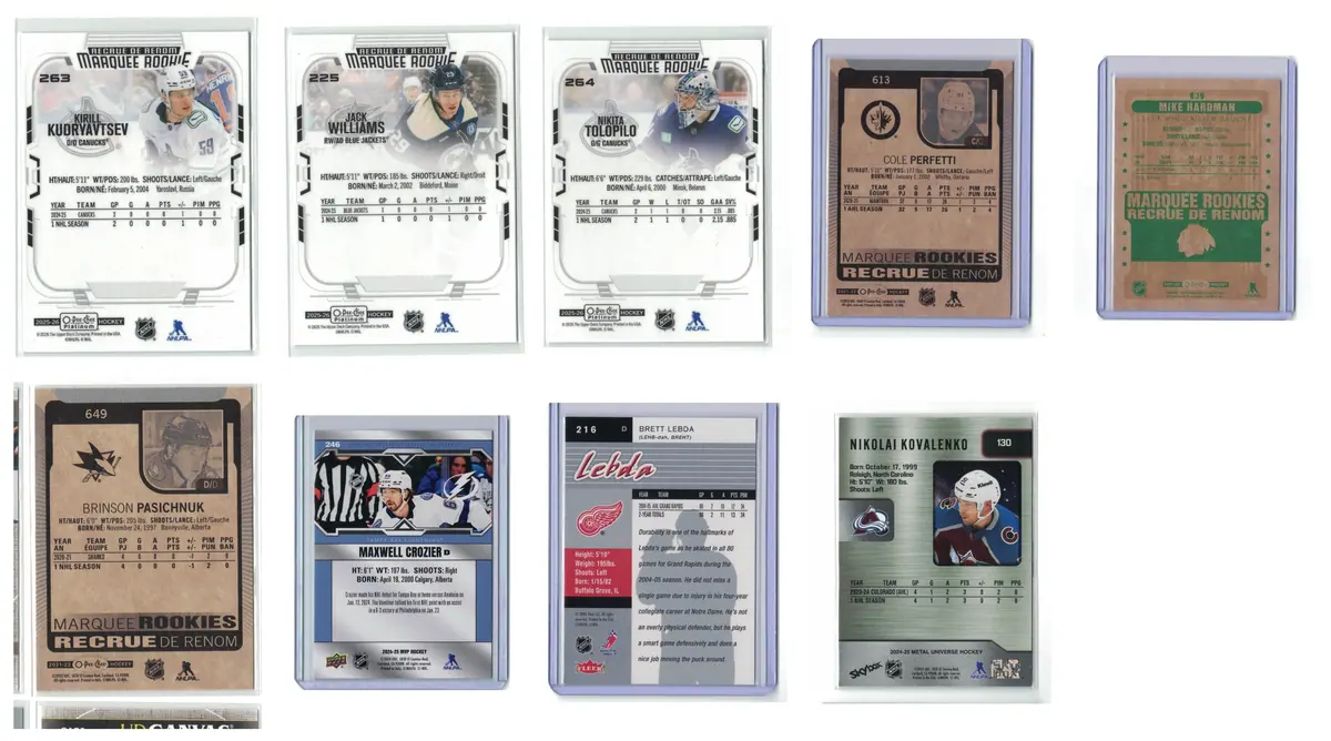 NHL Rookie Card Lot 9 RC OPC Marquee Rookies MVP Metal Fleer Perfetti Kovalenko — front