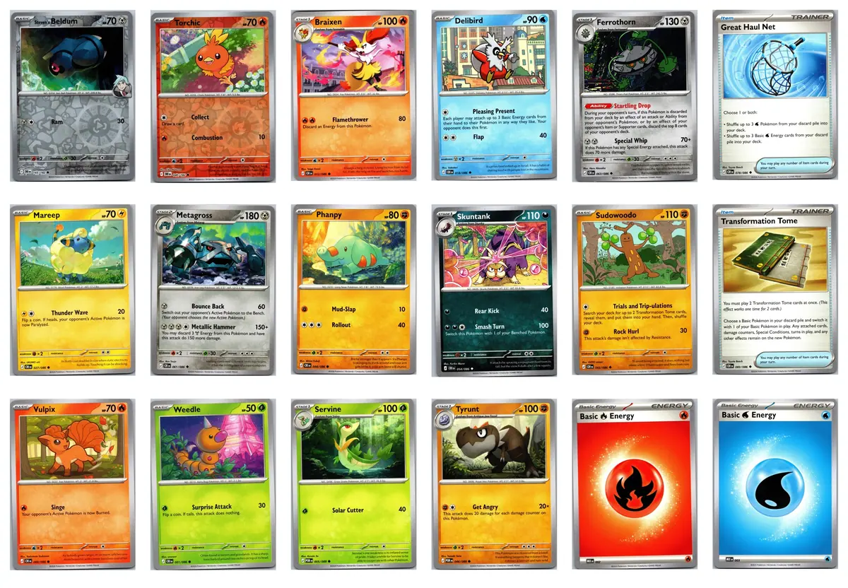 Steven's Beldum 143/182 (Reverse Holo); Torchic 040/182 (Reverse Holo); Braixen 012/086; Delibird 018/086; Ferrothorn 063/086; Great Haul Net 078/086; Mareep 027/086; Metagross 061/086; Phanpy 044/086; Skuntank 054/086; Sudowoodo 043/086; Transformation Tome 083/086; Vulpix 008/086; Weedle 001/086; Servine 005/088; Tyrunt 044/088; Basic Fire Energy 002; Basic Water Energy 003 Set Pack — transparent bundle: 2 reverse holo #18 cards 2026 Pokemon Chaos Rising Set Pack (English) + Perfect Order + DR reverse holos — front