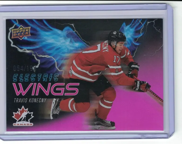 Travis Konecny Electric Wings Pink /199 EW-3 Flyers 2026 UD Team Canada Hockey — front