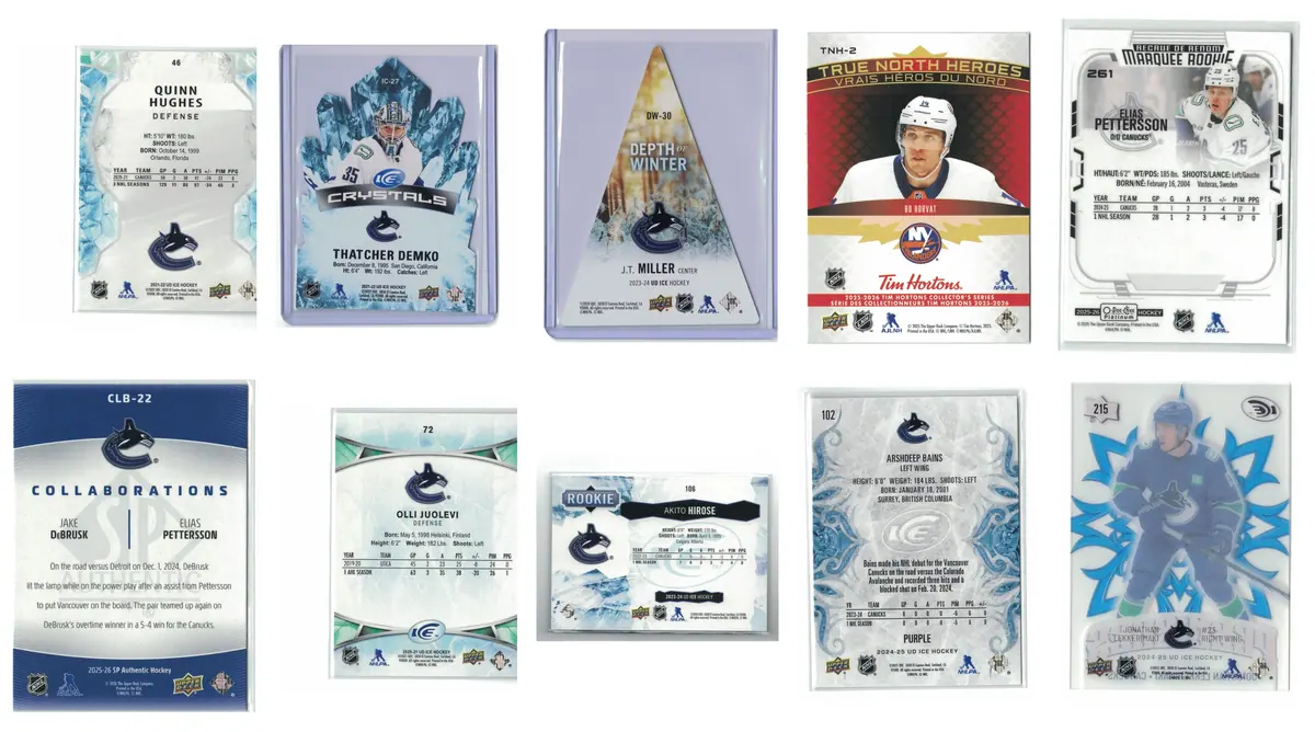 Vancouver Canucks 10-Card Hockey Lot Hughes Demko Miller Horvat Pettersson RC — front