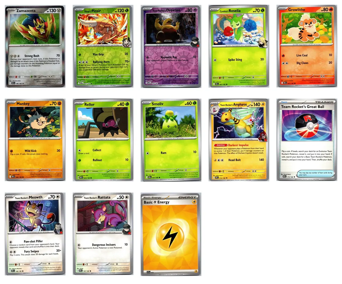 Zamazenta 146/182 (Holo Rare); Ethan's Pinsir 001/182 (Reverse Holo); Team Rocket's Drowzee 079/182 (Reverse Holo); Cynthia's Roselia 007/182; Growlithe 027/182; Mankey 090/182; Rellor 024/182; Smoliv 021/182; Team Rocket's Ampharos 074/182; Team Rocket's Great Ball 175/182; Team Rocket's Meowth 149/182; Team Rocket's Rattata 147/182; Basic Lightning Energy 012 Set Pack — transparent bundle: 2 reverse holo + holo rare Zamazenta #13 cards 2025 Pokemon Destined Rivals Set Pack (English) — front